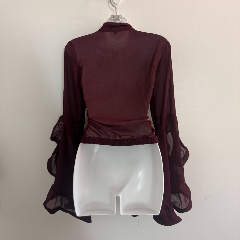 Fashion Nova Burgundy Sheer Twist-Front Blouse | Long Sleeve | Size S - Picture 8 of 12